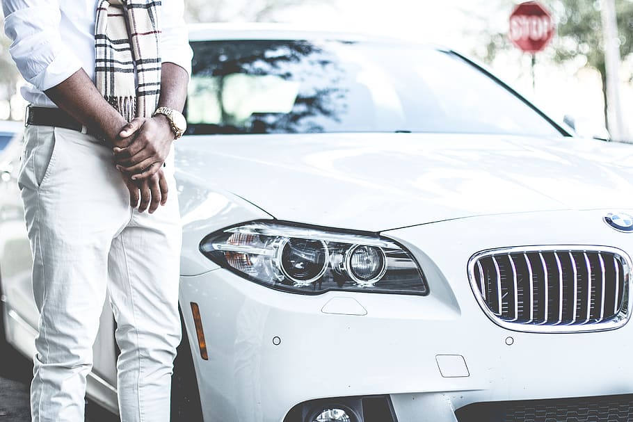 man, standing, guy, car, white, headlight, bumper, windshield HD wallpaper