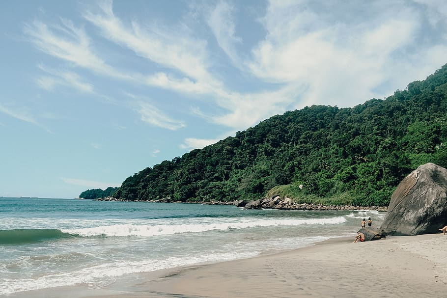 Photography of Seashore Near Mountain, beach, clouds, coast, idyllic HD wallpaper