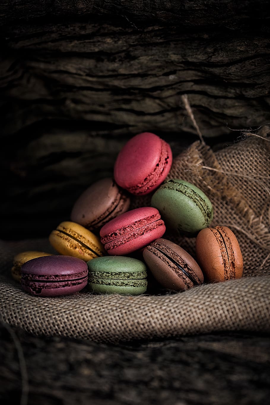 French macaroons on gray textile, multi colored, still life, food HD wallpaper