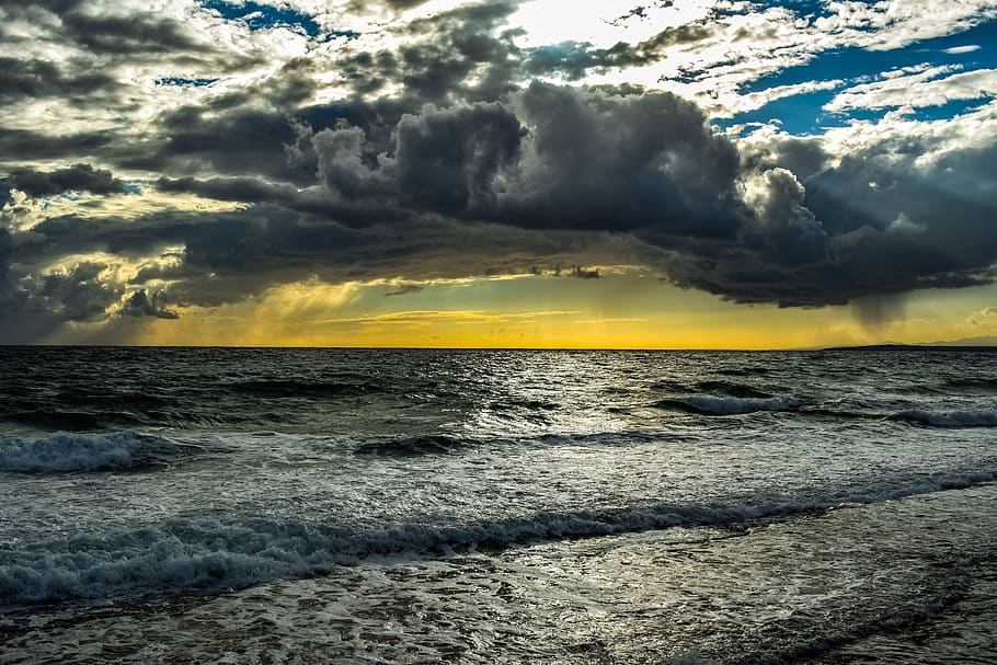 sea, ocean, waves, horizon, seascape, sky, clouds, nature, sunlight HD wallpaper