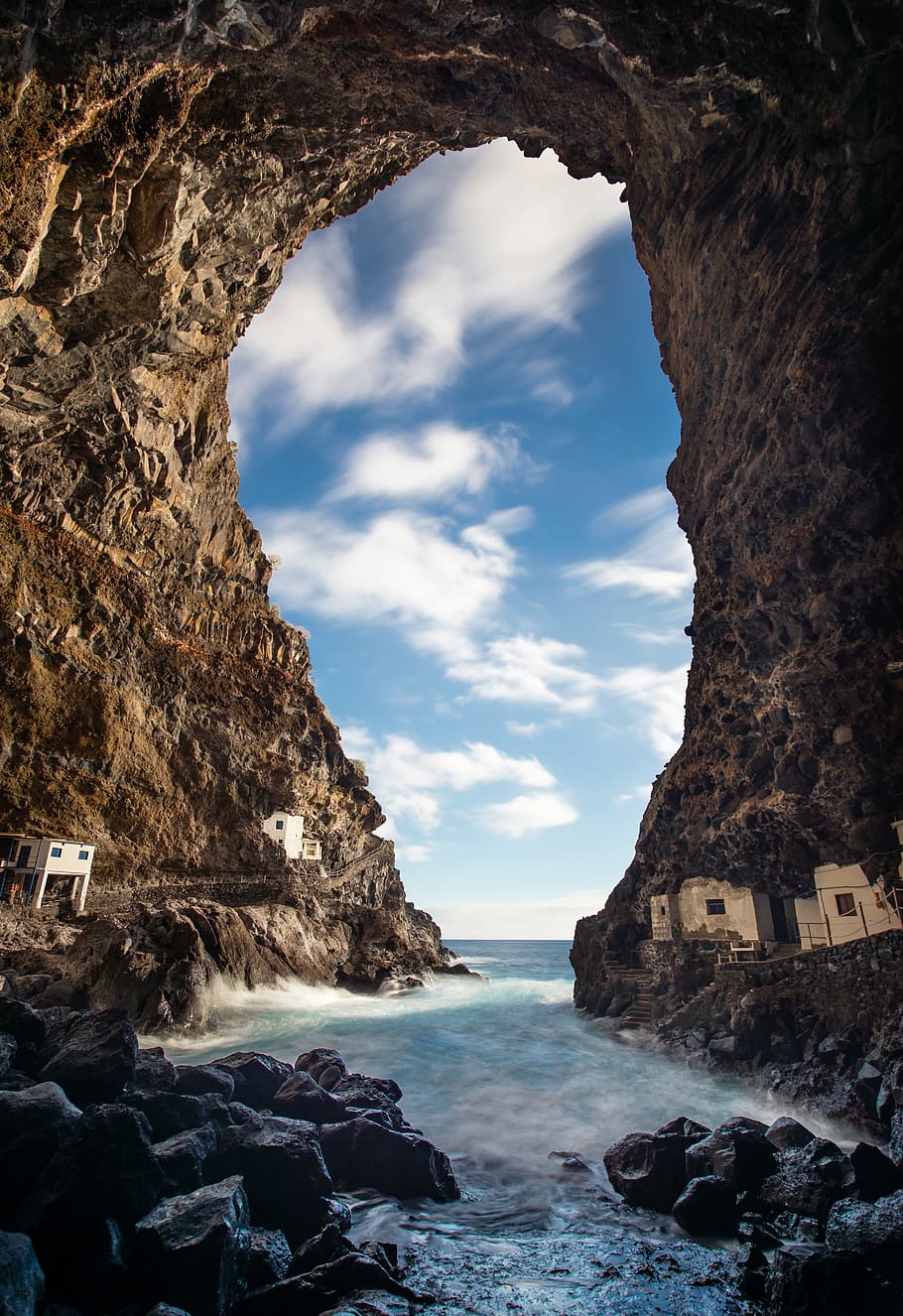 cave, bay, coast, idyllic, pirates, vacations, landscape, clouds HD wallpaper