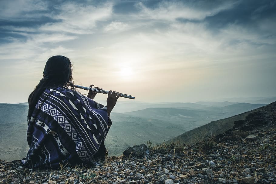 woman playing flute on hill, mountain, one person, scenics - nature