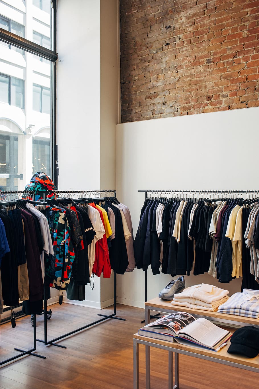 clothing, indoors, hanging, fashion, no people, rack, large group of objects HD wallpaper
