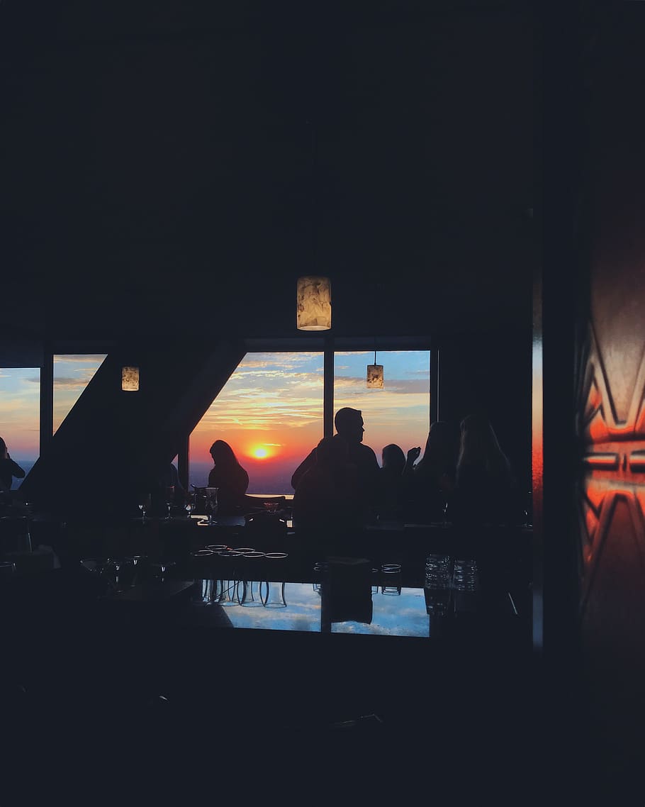 sunset, bar, silhouette, real people, men, group of people HD wallpaper