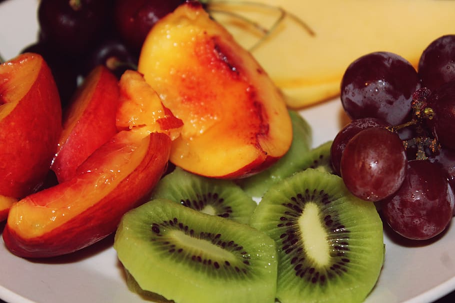 fruit, kiwi, nectarine, grapes, cheese, cherries, plate, kitchen HD wallpaper