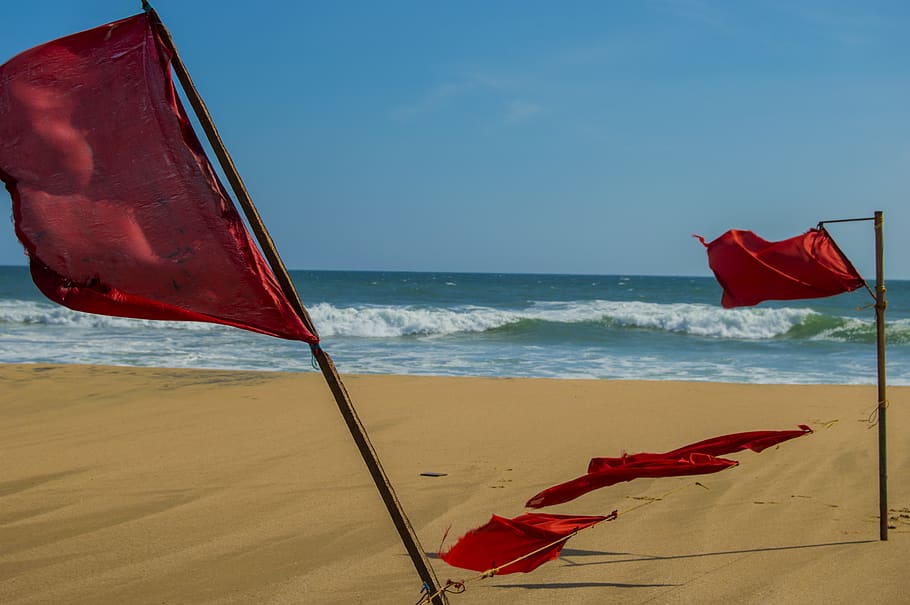 india, varkala, beach, flags, waves, sea, water, land, red HD wallpaper