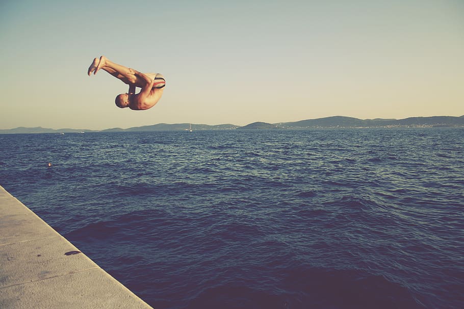 hrvatska, zadar, jump, sea, summer, water, blue, leap, sky, HD wallpaper