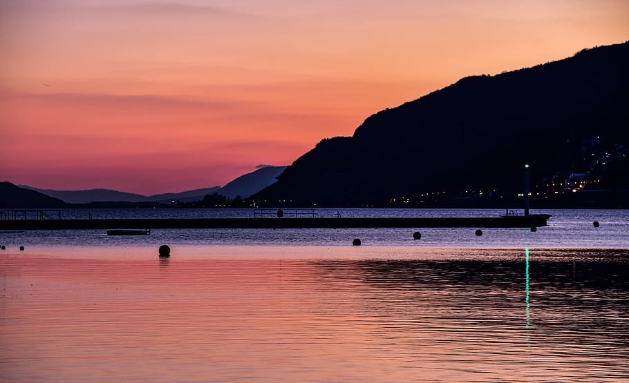 sunset, lake, reflection, pier, evening, twilight, landscapes HD wallpaper