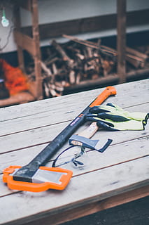wood, tool, table, orange, small axe, fiskars, protection goggles HD wallpaper