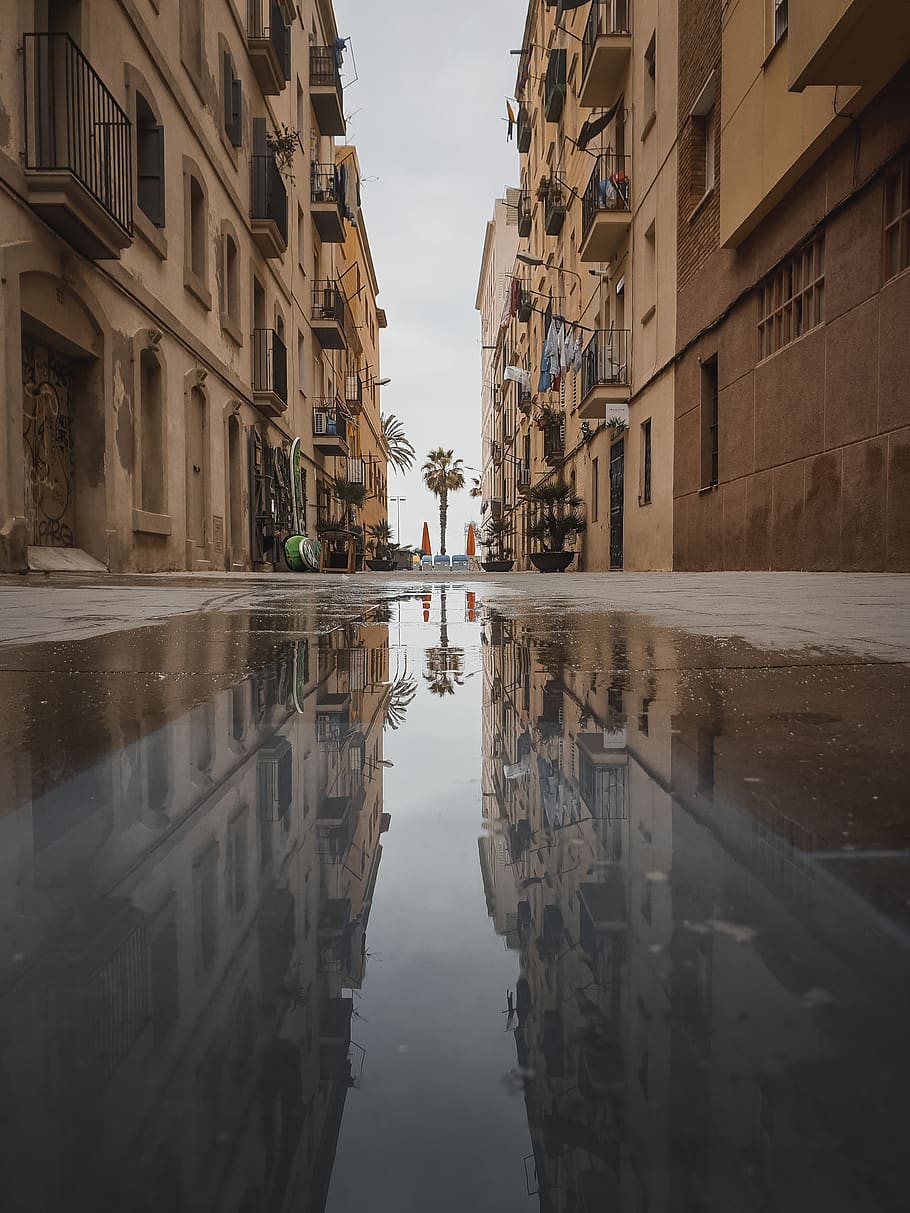 puddle, street, urban, spain, road, city, town, building, barcelona