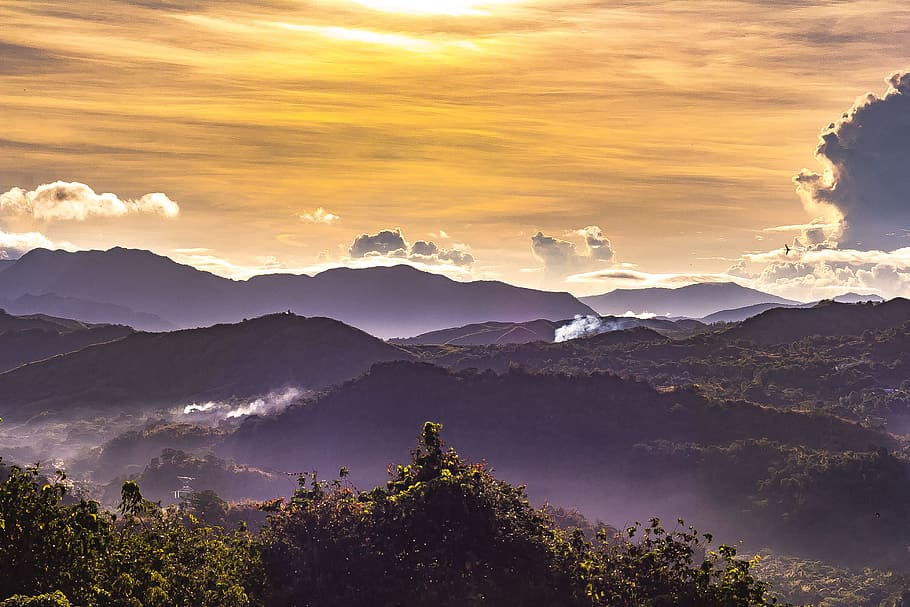 mountain and trees, landscape, layer, sunset, golden hour, cloud HD wallpaper