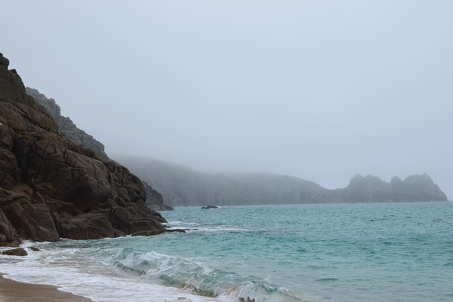 ocean, rock, water, beach, rocks, fog, beauty in nature, sea HD wallpaper