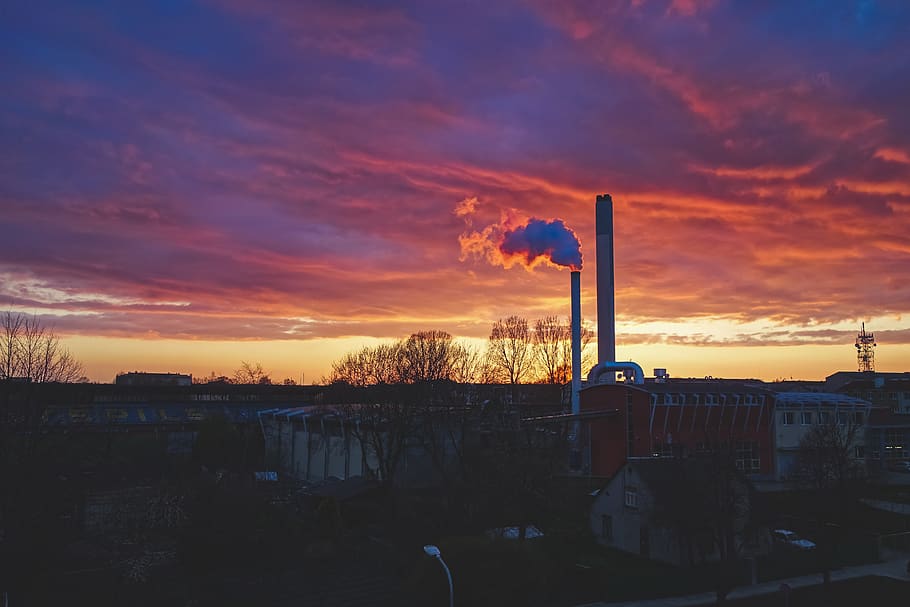 sunset, sky, industry, factory, building exterior, smoke stack HD wallpaper