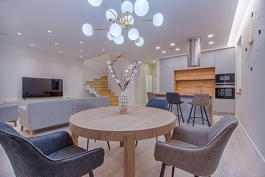 Round Brown Wooden Table With Chairs Inside Room, apartment, comfort