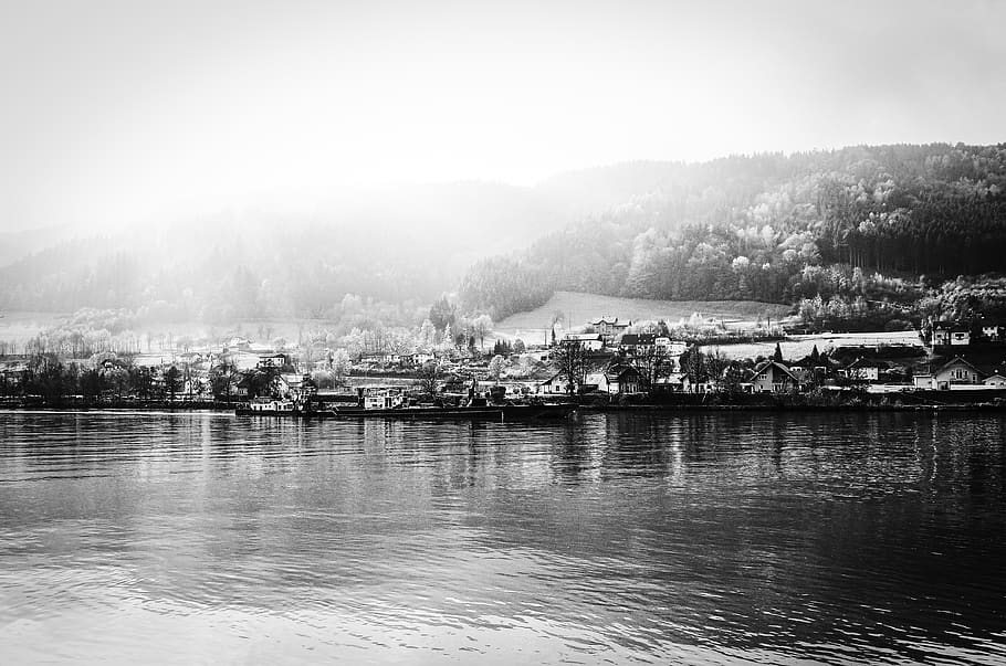 germany, passau, water, bw, mountain, boat, blackandwhite, building exterior HD wallpaper