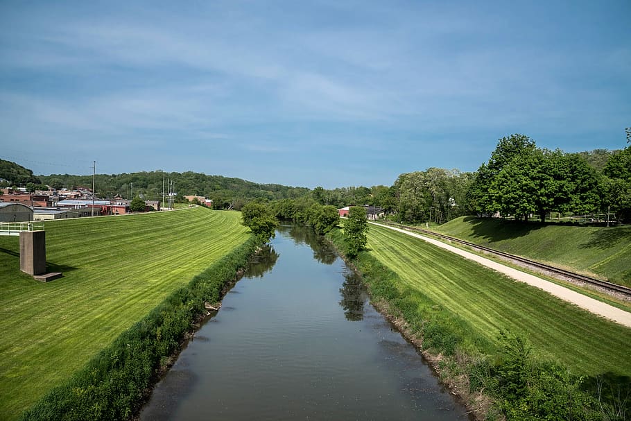 united states, galena, town, river, landscape, grass, sky, illinois HD wallpaper