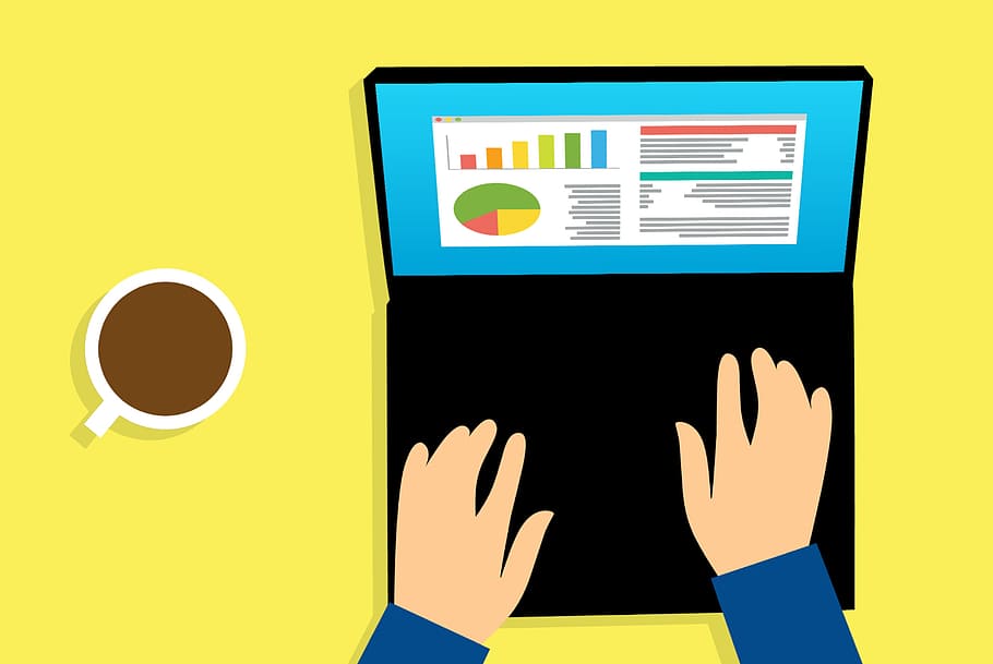 Illustration of person typing on laptop computer., analysis, business HD wallpaper