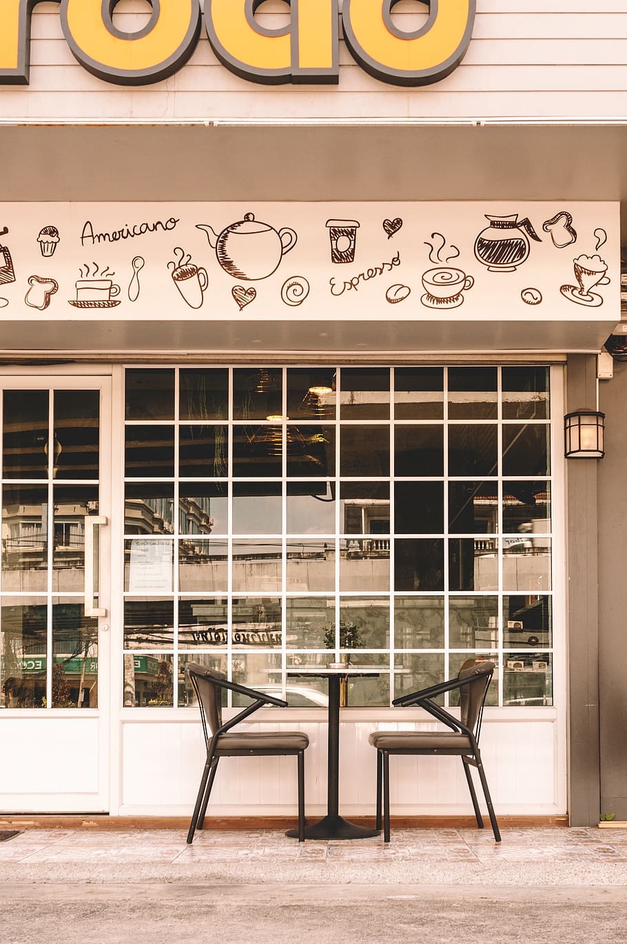 empty chairs, furniture, door, shop, shelf, cafe, restaurant HD wallpaper