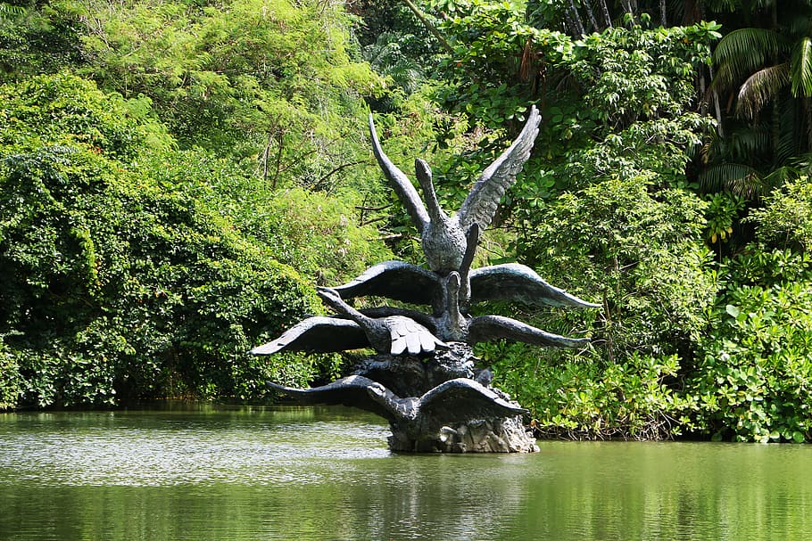 statue, geese, monument, tree, plant, water, nature, lake, growth HD wallpaper