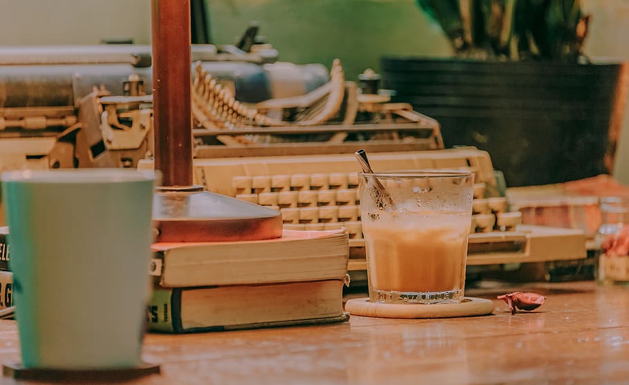Glass on Top of Table Beside Books, coffee, cup, drink, food HD wallpaper