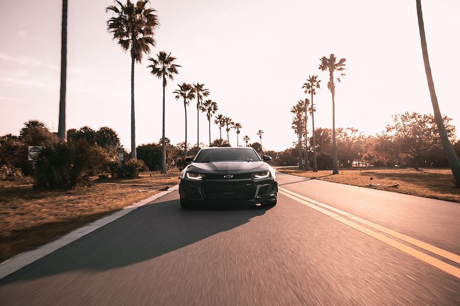 black car on road, transportation, automobile, vehicle, tarmac HD wallpaper