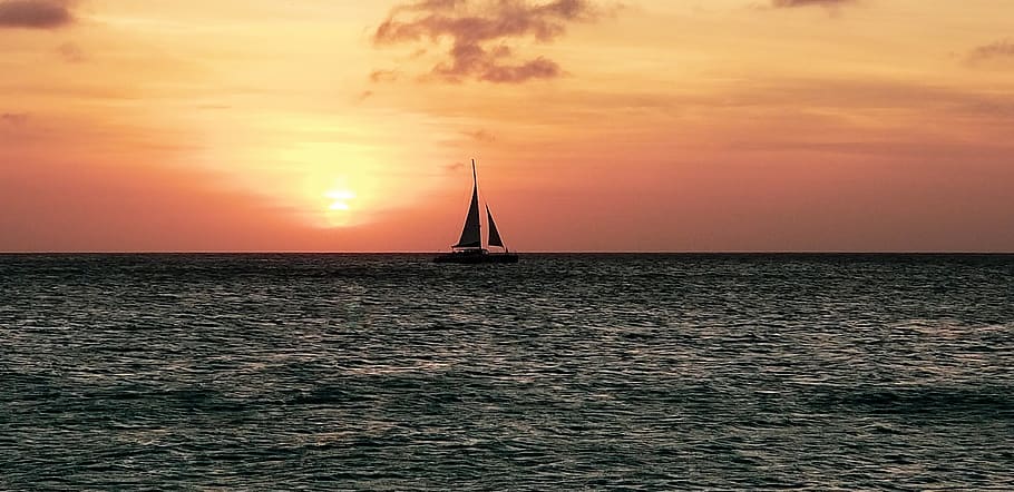 sunset, ocean, aruba, palm beach, sunset cruise, sea, sailboat, HD wallpaper