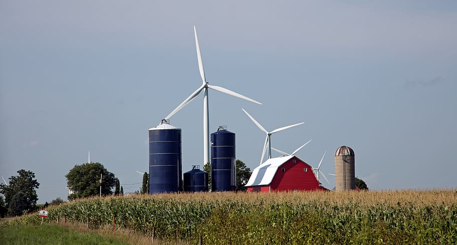 iowa, america, farm, wind turbines, green energy, silos, barn