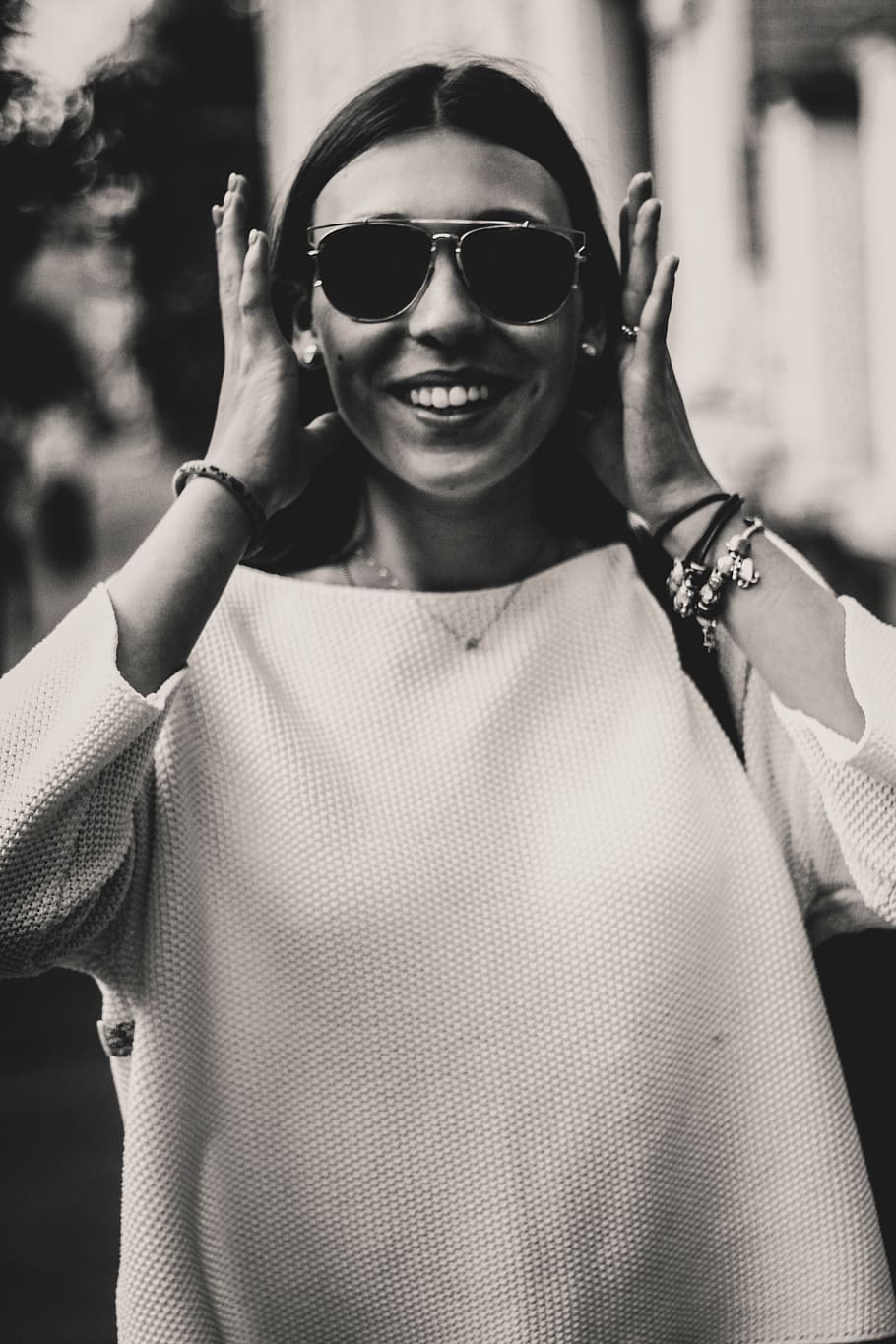 fashion, sunglasses, front view, portrait, one person, smiling HD wallpaper