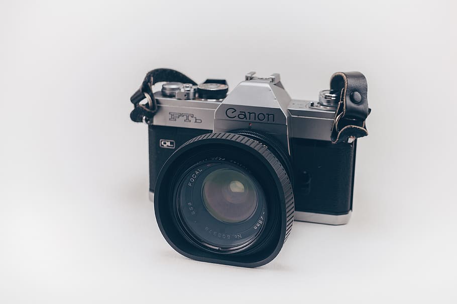 silver Canon SLR camera, electronics, lens, vintage, retro, old HD wallpaper