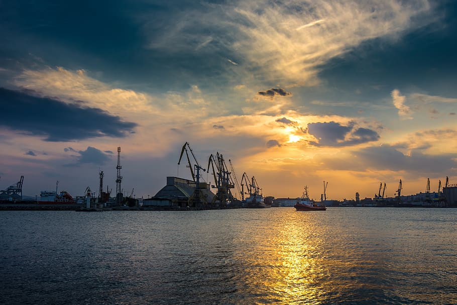 port, sunset, sea, water, travel, harbor, sky, ship, tourism, HD wallpaper