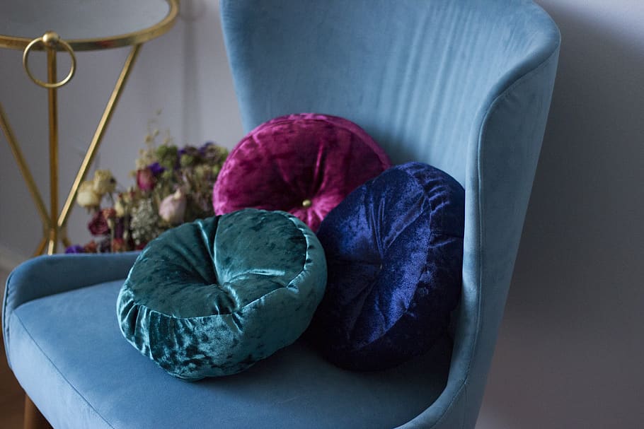 three round blue, teal, and pink velvet throw pillows on teal fabric swan chair, HD wallpaper