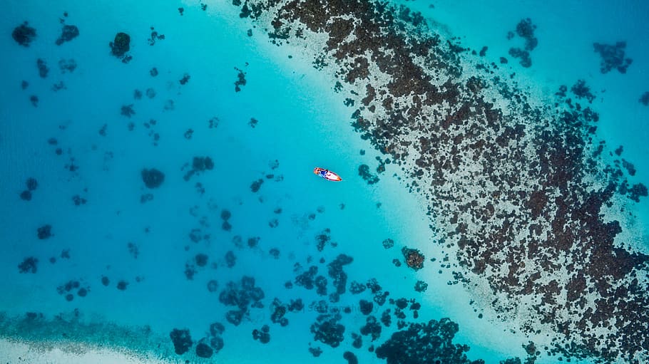 beach, boat, high angle shot, island, nature, ocean, rocks HD wallpaper