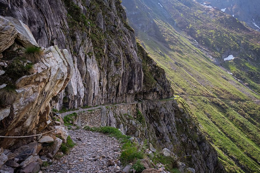 gray cliff, nature, outdoors, italy, valbondione, road, gravel HD wallpaper