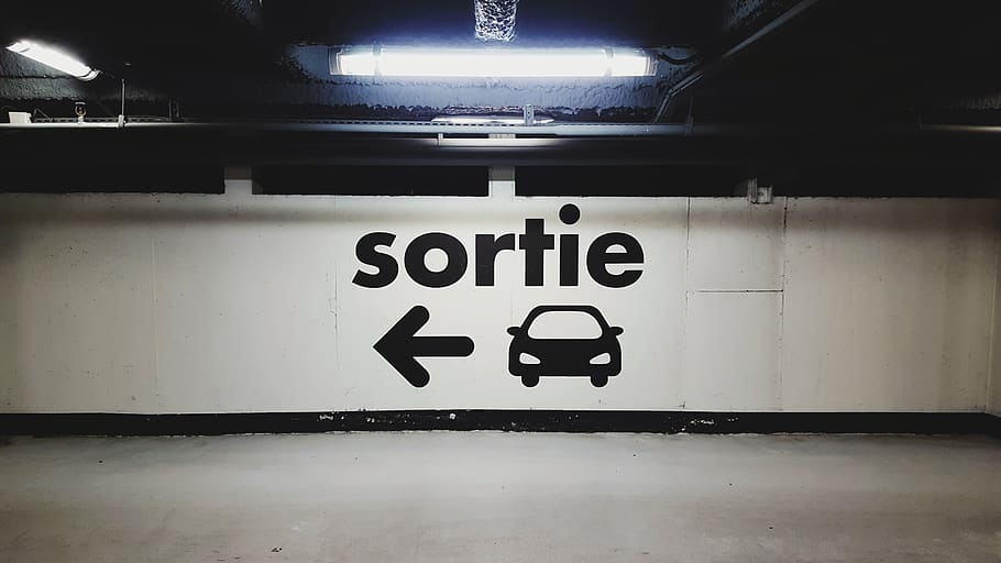 Sortie signage, exit, light, french, marking, wall, urban, car park HD wallpaper