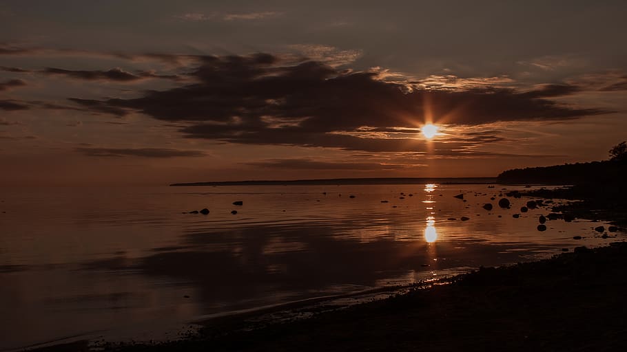sunset, sky, twilight, clouds, landscape, sea, nature, horizon HD wallpaper