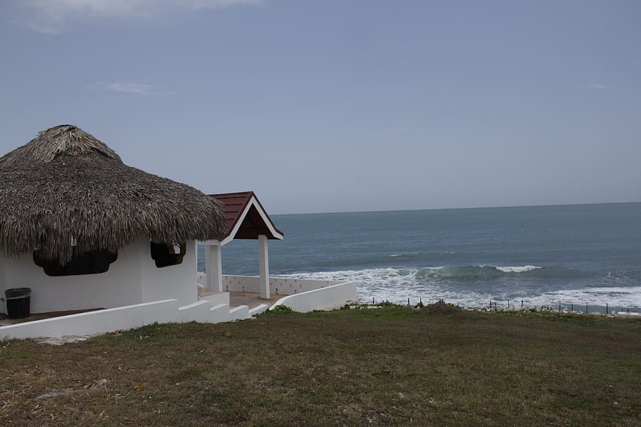 jamaica, beach, water, sea, sky, land, thatched roof, horizon over water HD wallpaper