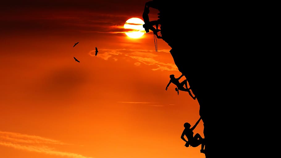 sunset, mountain, climbing, climbers, landscape, nature, sky HD wallpaper
