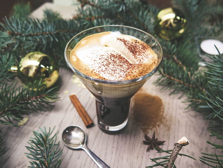 christmas, tree, spoon, pine nut, glass, powder, coffee, milk HD wallpaper