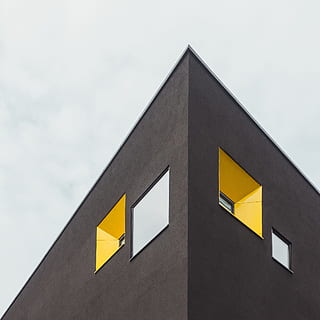 gray concrete building, sky, window, abstract, black, white, yellow HD wallpaper