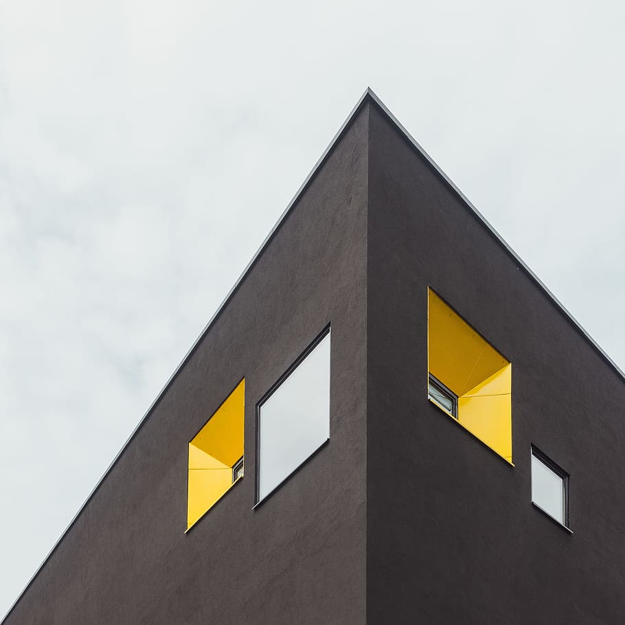 gray concrete building, sky, window, abstract, black, white, yellow, HD wallpaper