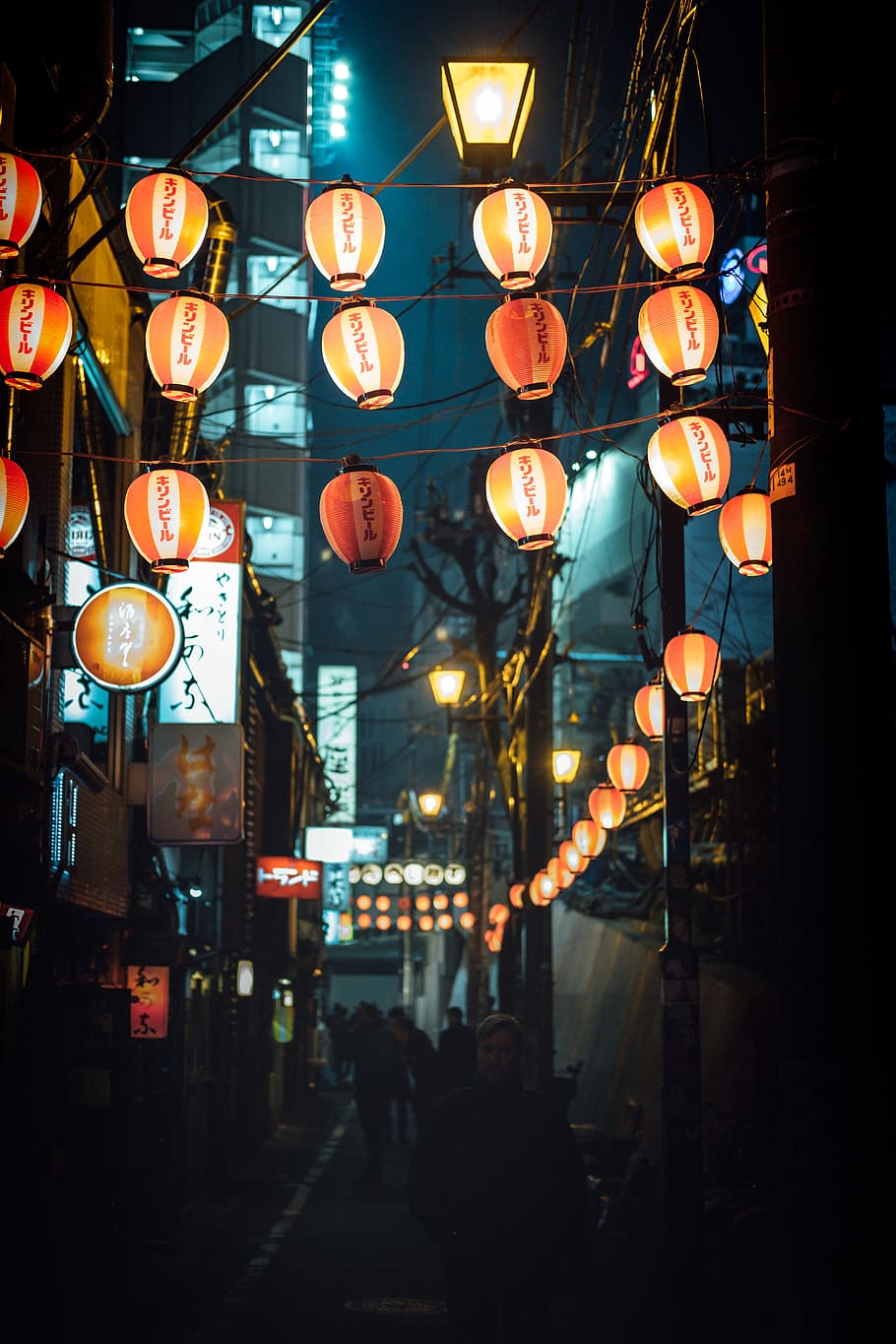 people walking pass under lighted lanterns, illuminated, lighting equipment HD wallpaper