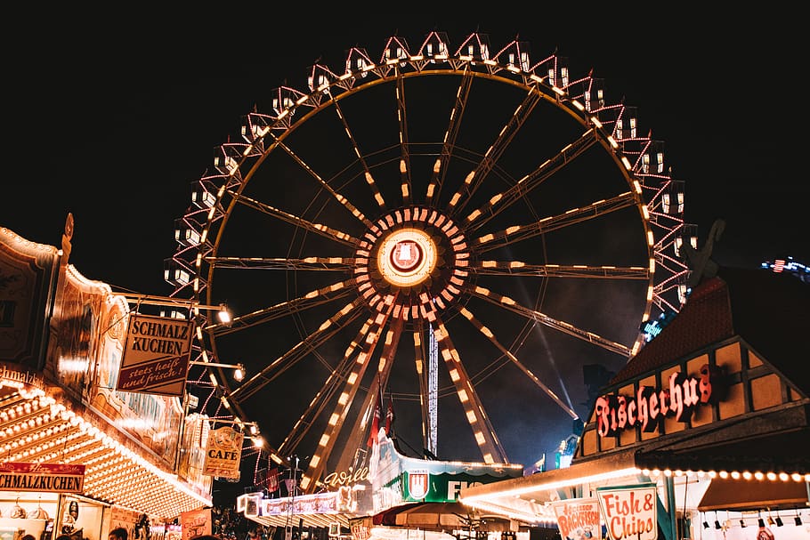 amusement park, amusement park ride, illuminated, ferris wheel HD wallpaper