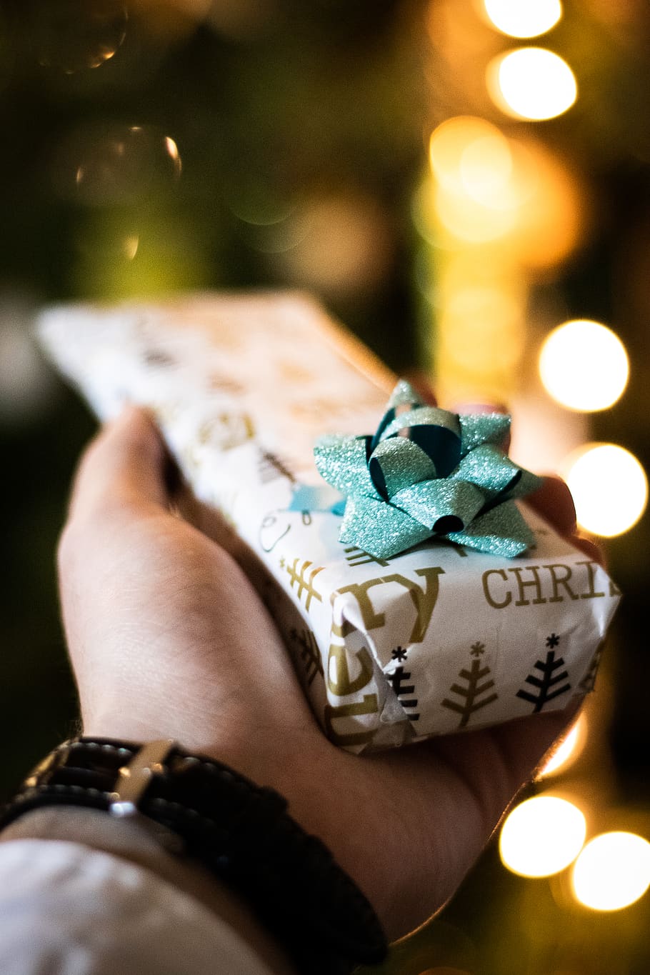 white gift box, human, person, wristwatch, finger, lights, present HD wallpaper