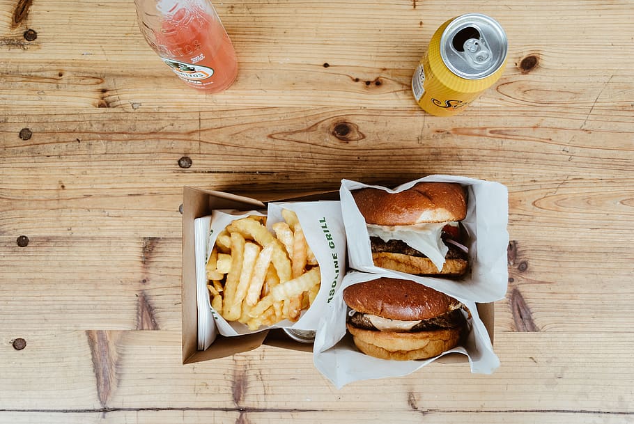 burger and fries with box, food, bread, wood, bun, dessert, plywood HD wallpaper