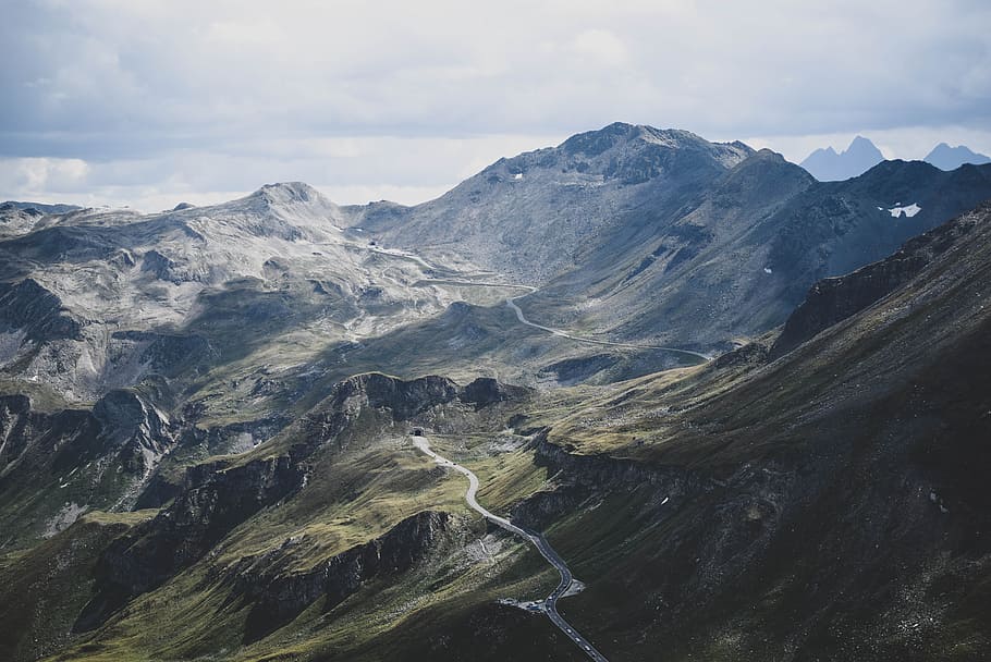 aerial photography of mountain, road, alp, windy road, pass, mountain range HD wallpaper