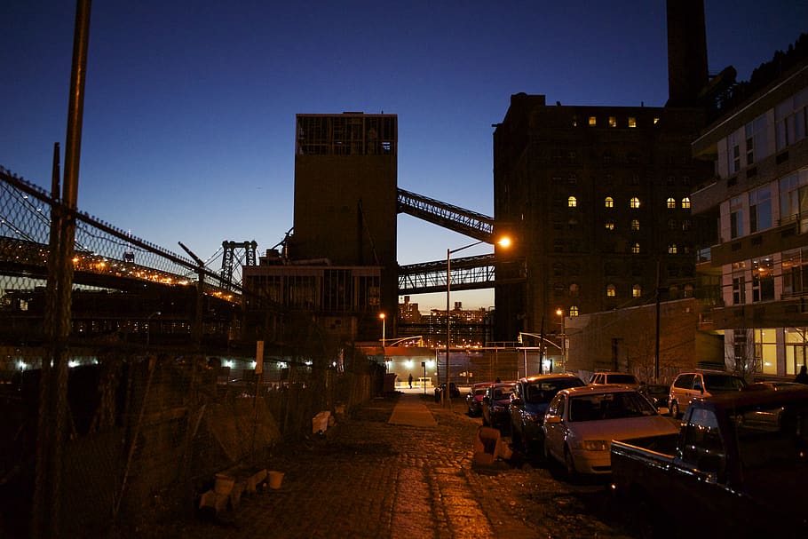 dusk, sunset, new york, brooklyn, williamsburg, factory, industrial HD wallpaper