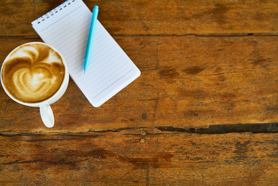 Coffee in Mug Beside Paper and Pen, background, beverage, blank HD wallpaper