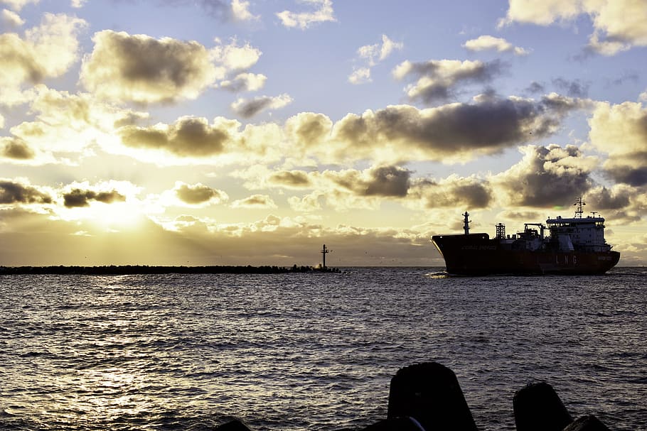 ship, sunset, sea, clouds, sunset sky, sunset sun, sunset landscape HD wallpaper