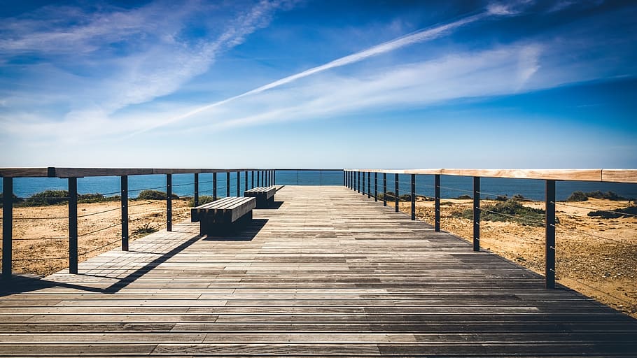 catwalk, sea, sky, pier, seashore, ocean, landscape, coast, HD wallpaper