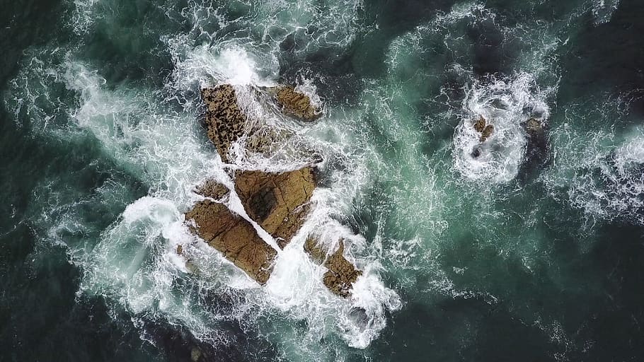sea, ocean, water, waves, nature, rocks, aerial, view, motion HD wallpaper